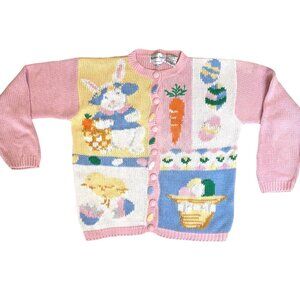 Vintage Alexandra Bartlett Hand Knitted Sz S Easter Ramie Knit Cardigan Bunny